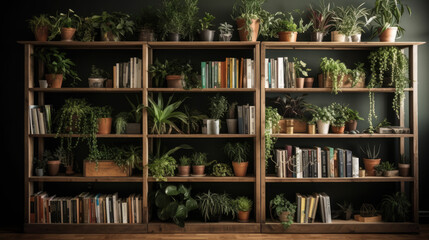 A contemporary-style bookshelf adorned with plants that serves as a modern decorative element for virtual office backdrops, studio backgrounds, or can be printed in a large format to enhance a back. - obrazy, fototapety, plakaty