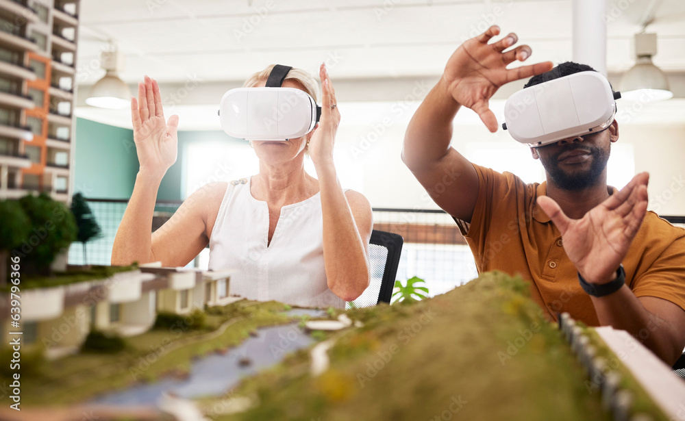Poster 3D, architecture and virtual reality, construction people and digital world with future tech, team and building model. Experience, VR goggles and engineering, industry 4.0 and property development