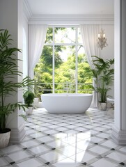  Interior design of modern white bathroom with tiled marble flooring and greenery in house in tropical forest
