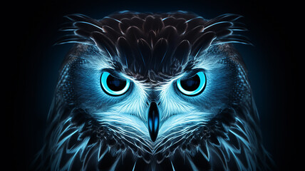 neon glowing generated owl on black background, predatory night bird logo, overlay layer