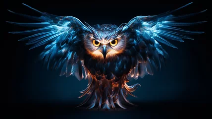 Fototapeten neon glowing generated owl on black background, predatory night bird logo, overlay layer © kichigin19