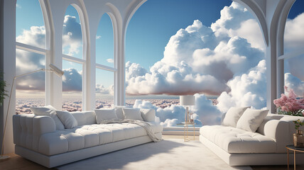 interior apartment in the clouds, light colors, large windows, panoramic view of the sky , heaven real estate