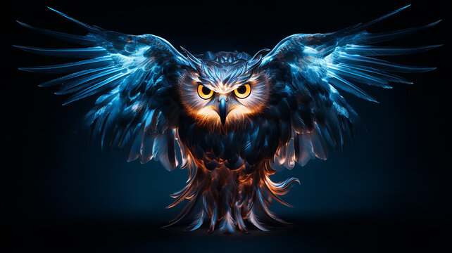 neon glowing generated owl on black background, predatory night bird logo, overlay layer