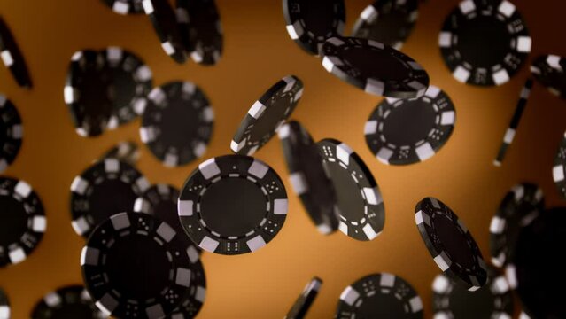 Super Slow Motion Shot of Casino Chips Explosion Towards Camera on Bronze Background at 1000fps.