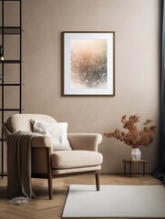 Interior of living room with coffee table and beige fabric armchair, mock up poster on the wall. Home design