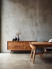 Interior of modern dining room, wooden table and chairs against concrete wall with sideboard