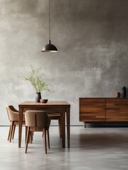  Interior of modern dining room, wooden table and chairs against concrete wall with sideboard