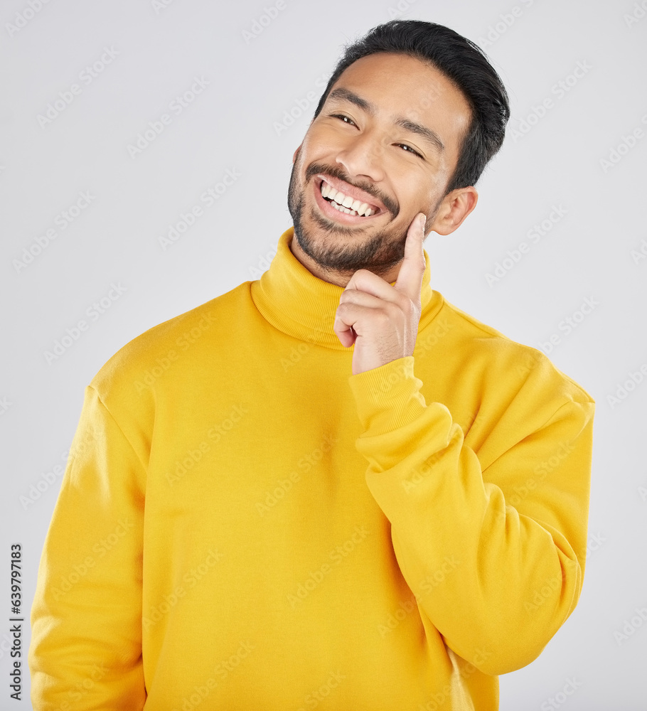 Aufkleber happy man, smile and thinking with future and dream, inspiration and memory isolated on white backgr