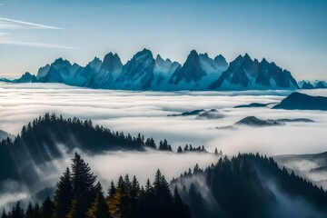 scene of alpine, mountain peaks peaks emerging from a sea of mist, evoking a sense of mystery