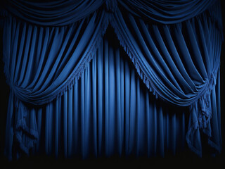 Blue stage curtain with drapery on black background.