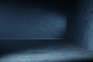 Interior dark room, hangar with concentrate wall and floor, fog and mist environment. 3d render. 