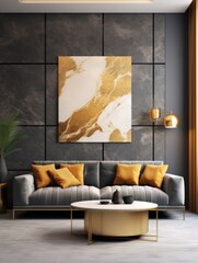 Marble stone paneling wall behind gray velvet sofa. Interior design of modern living room with golden decor.