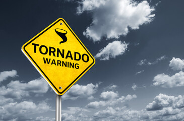 Tornado warning - message on yellow road sign - obrazy, fototapety, plakaty