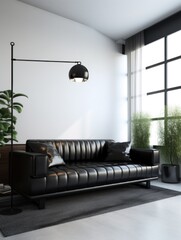 Minimalist studio apartment with black leather sofa. Interior design of modern living room, panorama.