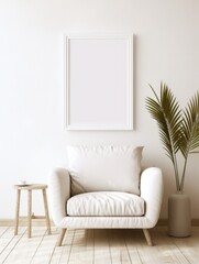 Mock up blank frame on white wall. Boho interior design of modern living room