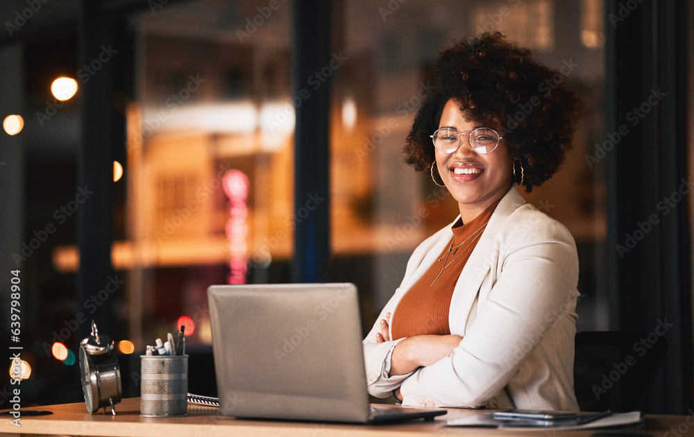 Wall mural business woman, face and arms crossed on laptop for night planning, marketing research and online ma