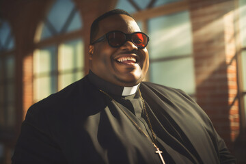 portrait of smiling poc priest wearing collar and sunglasses with blurred background	