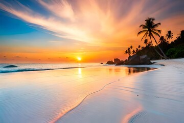 Fototapeta na wymiar caribbean, idyllic, palm, panorama, paradise, relax, relaxation, resort, seascape, sunrise, tranquil, tropic, wave, clear, sand, coconut, hot, island, ocean, sun, tropical, beauty, blue, cana, cloud
