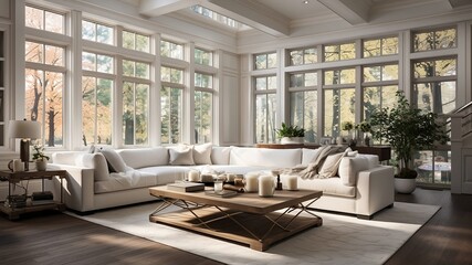 Modern living room interior design.There are wooden floor, sofa and coffee table.