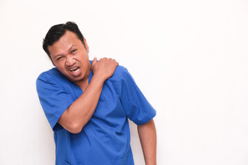 asian man expression feeling shoulder pain isolated white background