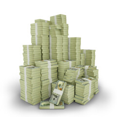 Big stacks of US dollar notes. A lot of money isolated on transparent background. 3d rendering of bundles of arranged cash, unted states dollars