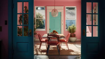 a dining room with pink walls and blue chairs in front of a white door that leads to an outside patio.