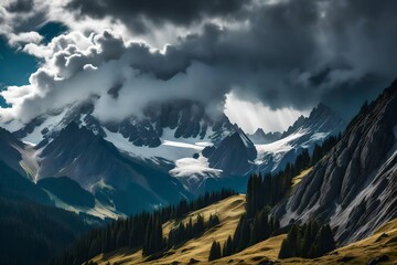 scene of alpine, mountain peaks peaks shrouded in storm clouds, emphasizing their raw and dramatic nature