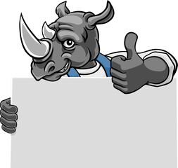 A rhino painter, handyman, mechanic, plumber or other construction cartoon mascot man in overall dungarees. Giving a thumbs up.
