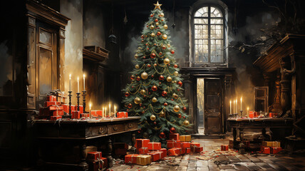 Fototapeta na wymiar christmas tree and fireplace with candles