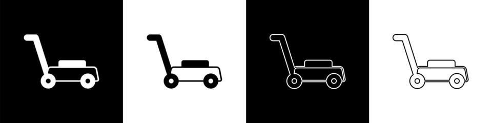 Set Lawn mower icon isolated on black and white background. Lawn mower cutting grass. Vector