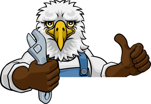 An eagle cartoon animal mascot plumber, mechanic or handyman builder construction maintenance contractor peeking around a sign holding a spanner or wrench and giving a thumbs up