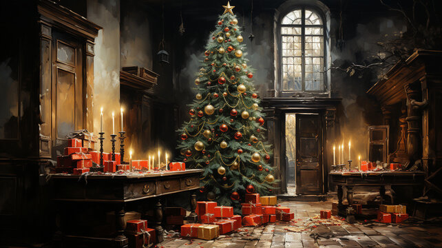 christmas tree and fireplace with candles