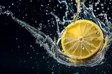 Fetta di limone con spruzzi d'acqua su sfondo scuro