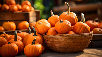 pumpkins in a basket in the counter of a blurred backround of a street market