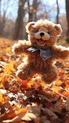 freedom plush abstract generated bear kicks autumn leaves in the park, October unusual change children's calendar