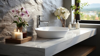 Bathroom Interior with White Marble Quartz Sink on Artificial Stone Table Top. Generative AI.