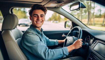 Happy young driver behind the wheel inside new car. Lifestyle scene inside the car
