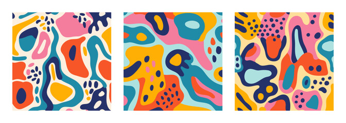 Set of modern playful vibrant groovy free form shapes and doodle objects seamless vector patterns. Trendy creative collage elements contemporary design backgrounds.