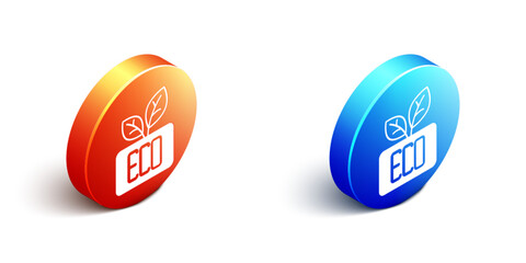 Isometric Leaf Eco symbol icon isolated on white background. Banner, label, tag, logo, sticker for eco green. Orange and blue circle button. Vector