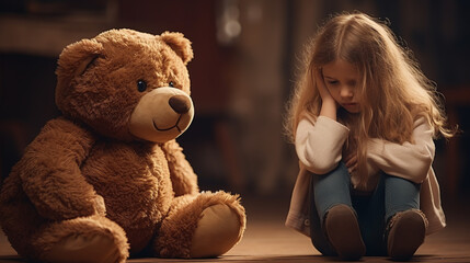 Unhappy cute little girl sitting with a teddy bear.Stressed , sad and unhappy child.