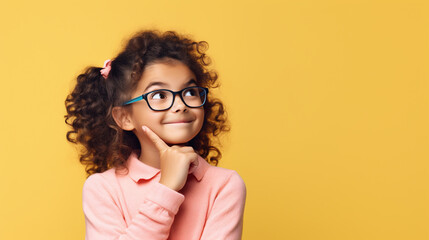 Close up potrail of cute little girl looking above. Concept of curious ,imiginative, new idea, solution from young and smart kids. Pastel color background with copy space.