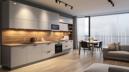 Modern Minimal Apartment Interior with Kitchen and Living Room. Postprocessing Generative AI.