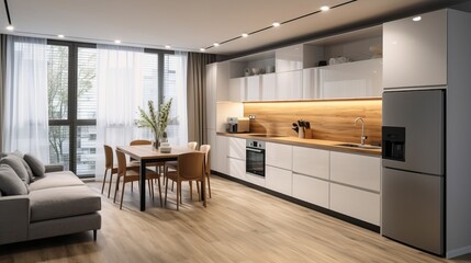 Contemporary Apartment Design: Kitchen and Living Room in Minimalist Style. Postprocessing Generative AI. - obrazy, fototapety, plakaty