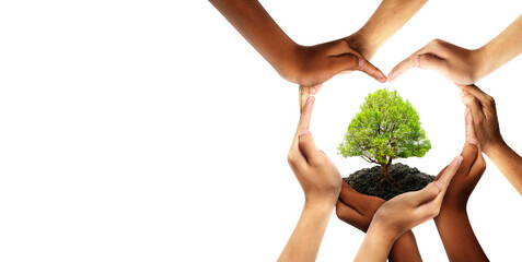Earth day and earth day as group of diverse people joining to form heart hands connected together...