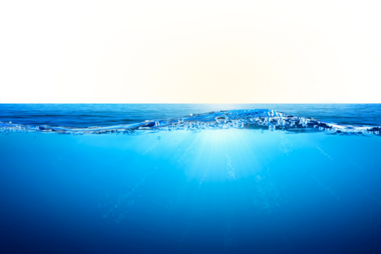 Blue water wave and bubbles on transparent background. BLUE UNDER WATER waves and bubbles. sea with sunlight reflection, Tranquil sea harmony of calm water surface. for graphic designing, editing.