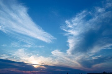 Colorful blue sky at sunset with beautiful clouds, Ukrainian landscape
