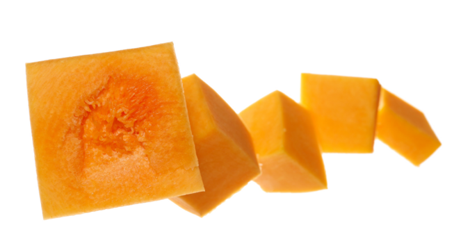 Raw muscat squash cubes isolated on white, clipping path