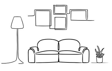 Cozy living room in boho style. indoor furniture. Hand drawn doodle linear sketch of the interior in a modern style. 
