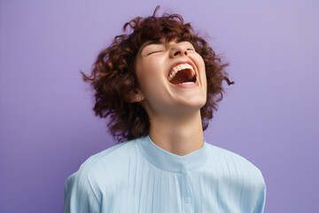 a woman screaming in front of a solid color background, in the style of playful poses,cute and colorful