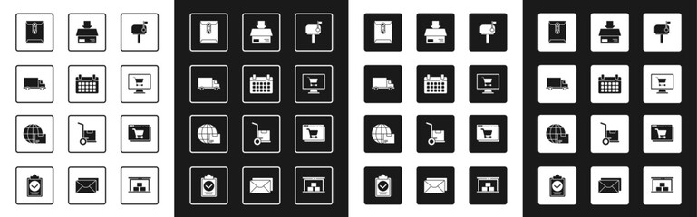 Set Mail box, Calendar, Delivery cargo truck vehicle, Envelope, Shopping cart on computer, Carton cardboard, Online shopping screen and Worldwide shipping and icon. Vector